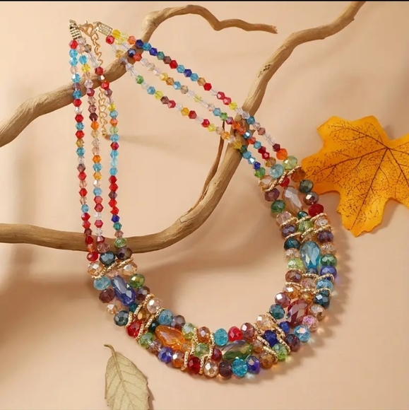 Bohemian Multilayer Three Rows Crystal Colorful Drip Necklace. - Picture 3 of 5